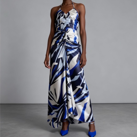 White House Black Market Dresses & Skirts - White House Black Market Satin Halter Maxi Dress in Bay Palms Ecru / Blue size 4